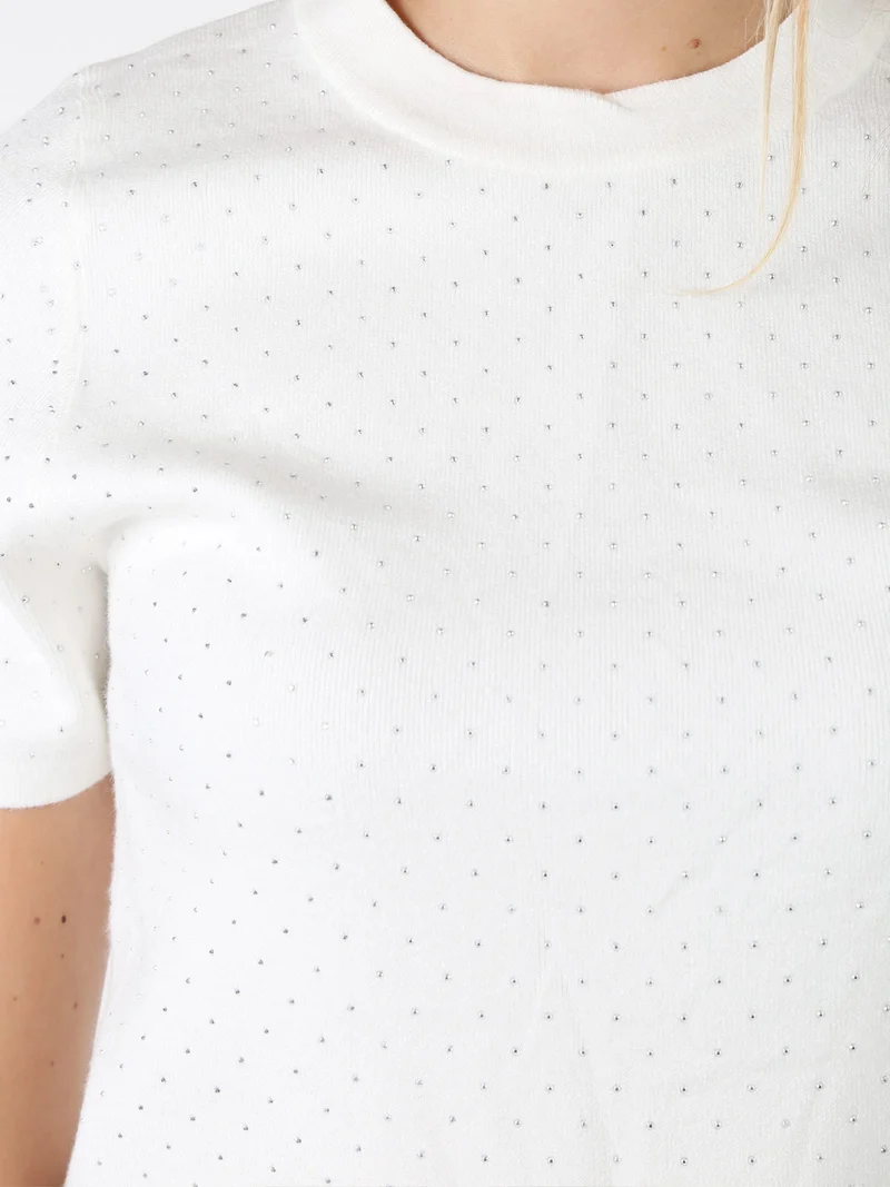 Maglia donna a maniche corte con micro borchie - bianco