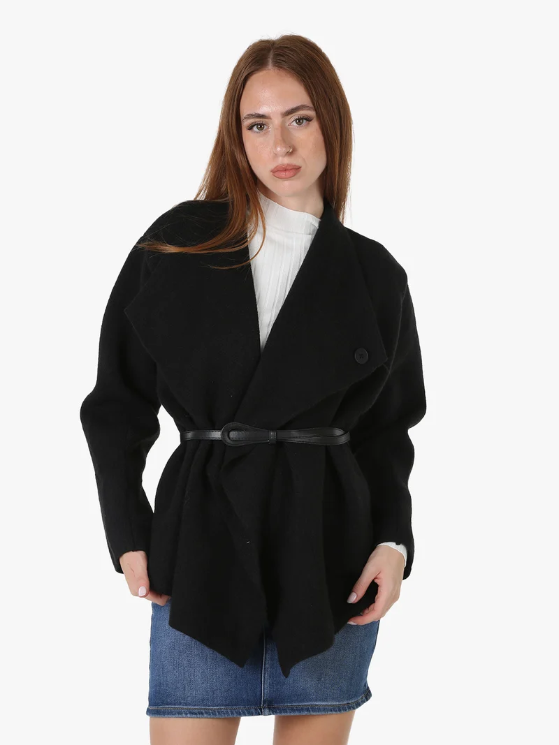 Cardigan donna in maglia con cintura in ecopelle - nero