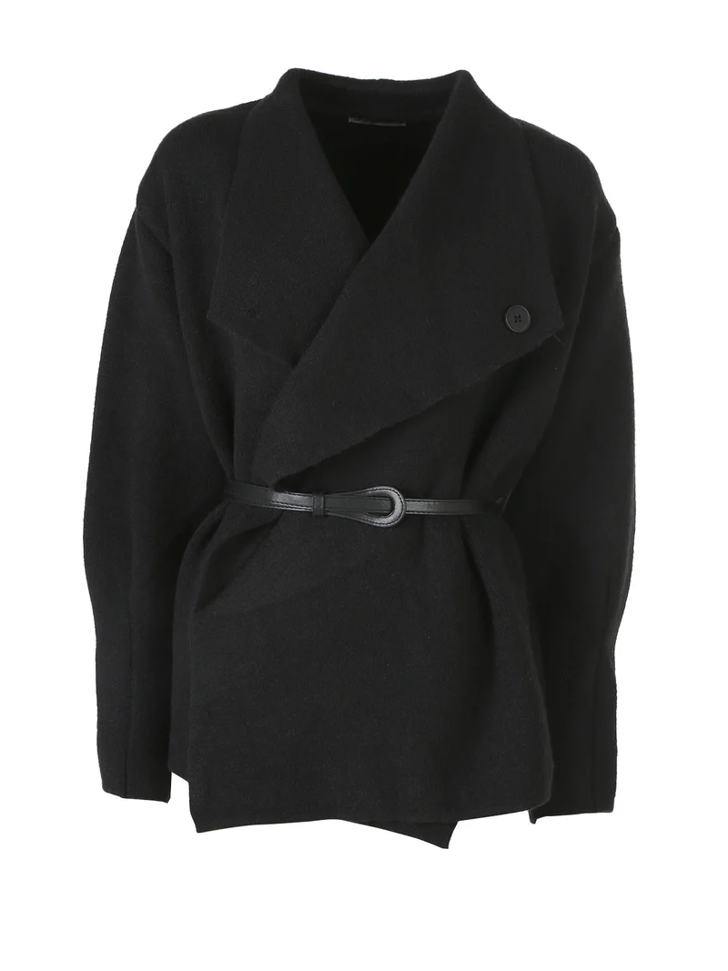 Cardigan donna in maglia con cintura in ecopelle - nero