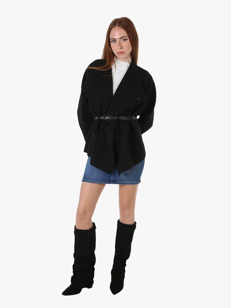 Cardigan donna in maglia con cintura in ecopelle - nero