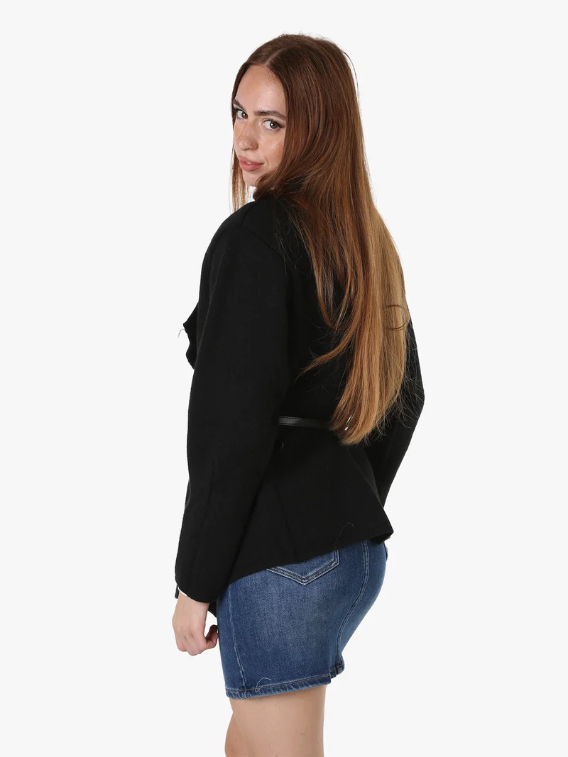 Cardigan donna in maglia con cintura in ecopelle - nero