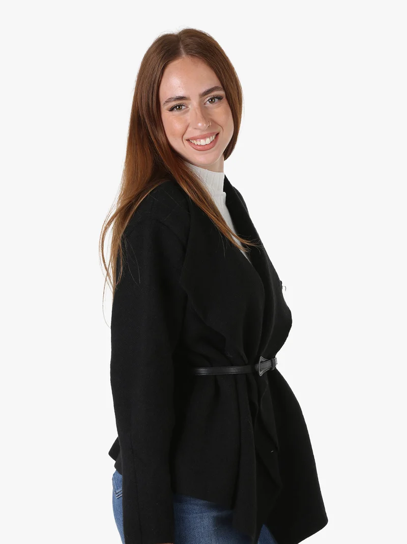 Cardigan donna in maglia con cintura in ecopelle - nero