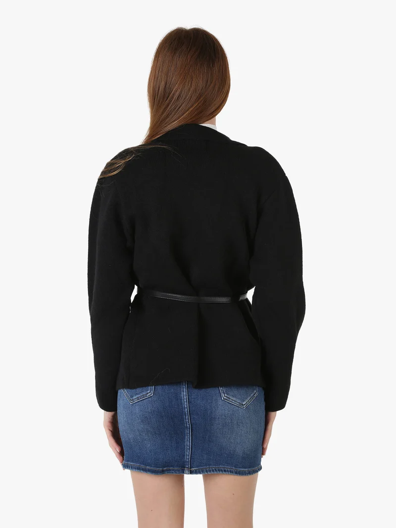 Cardigan donna in maglia con cintura in ecopelle - nero