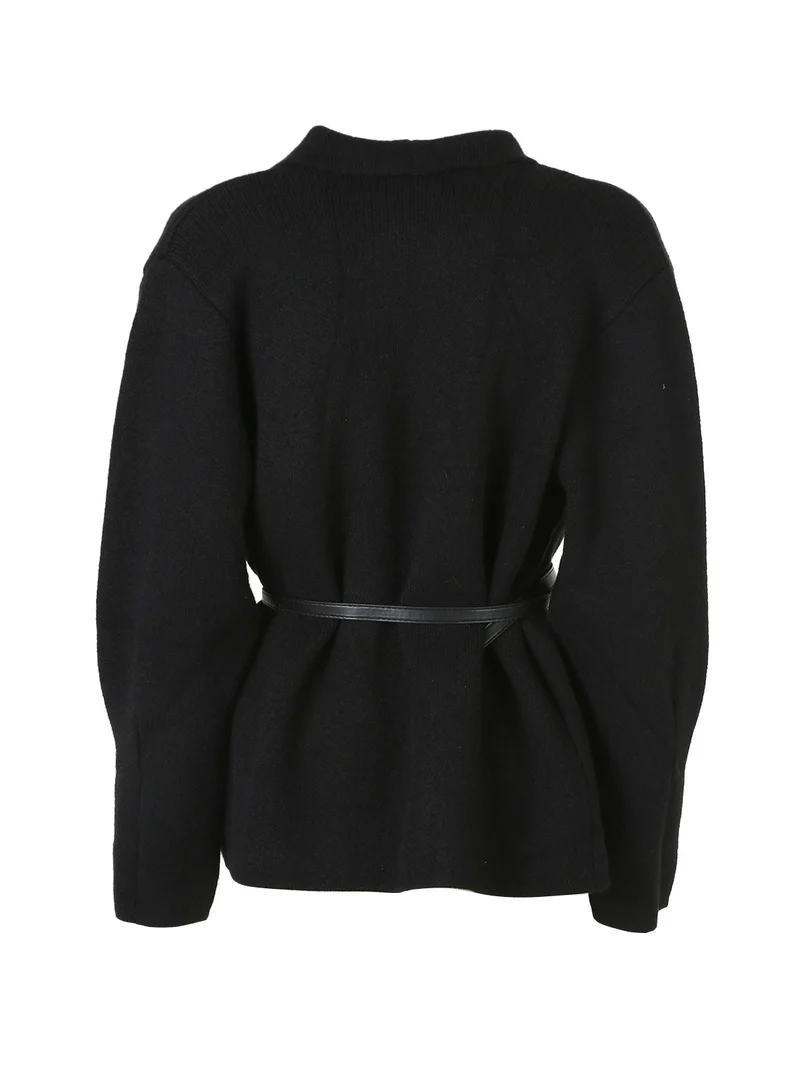 Cardigan donna in maglia con cintura in ecopelle - nero