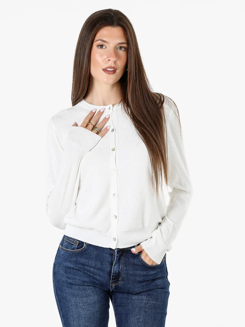 Cardigan donna in maglia con bottoni e paillettes - bianco