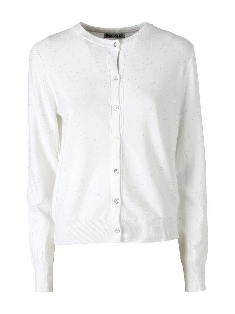 Cardigan donna in maglia con bottoni e paillettes - bianco