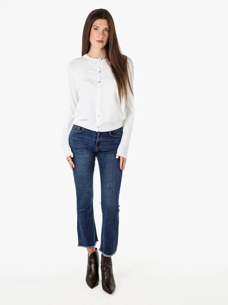 Cardigan donna in maglia con bottoni e paillettes - bianco