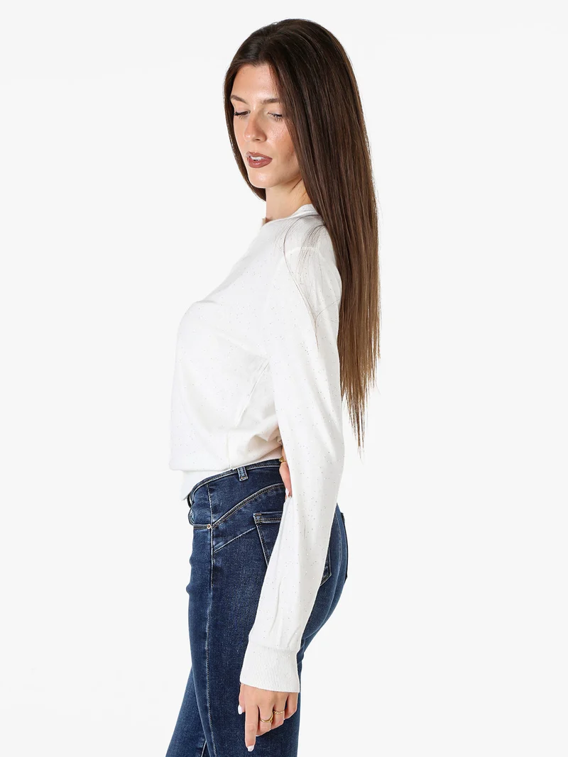Cardigan donna in maglia con bottoni e paillettes - bianco