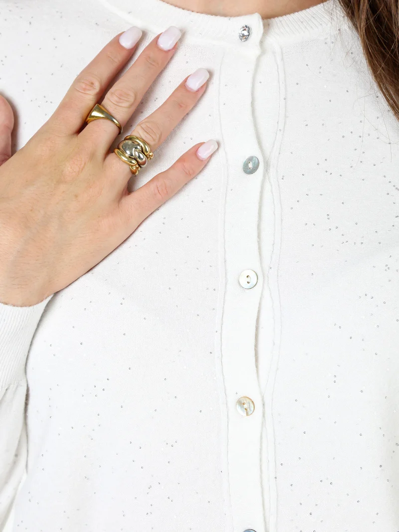Cardigan donna in maglia con bottoni e paillettes - bianco