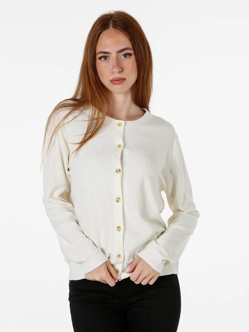 Cardigan donna in maglia con bottoni e mini paillettes - panna