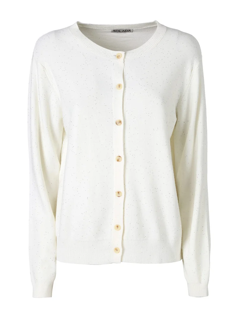 Cardigan donna in maglia con bottoni e mini paillettes - panna