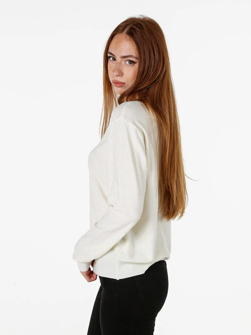 Cardigan donna in maglia con bottoni e mini paillettes - panna