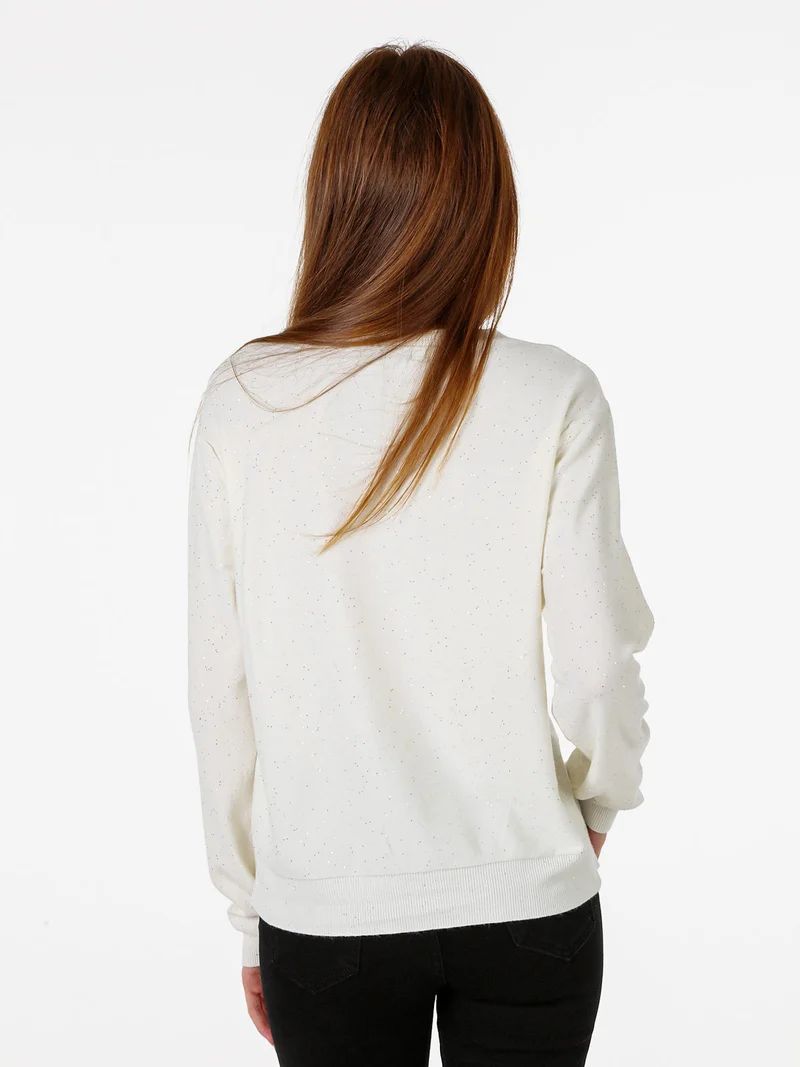 Cardigan donna in maglia con bottoni e mini paillettes - panna