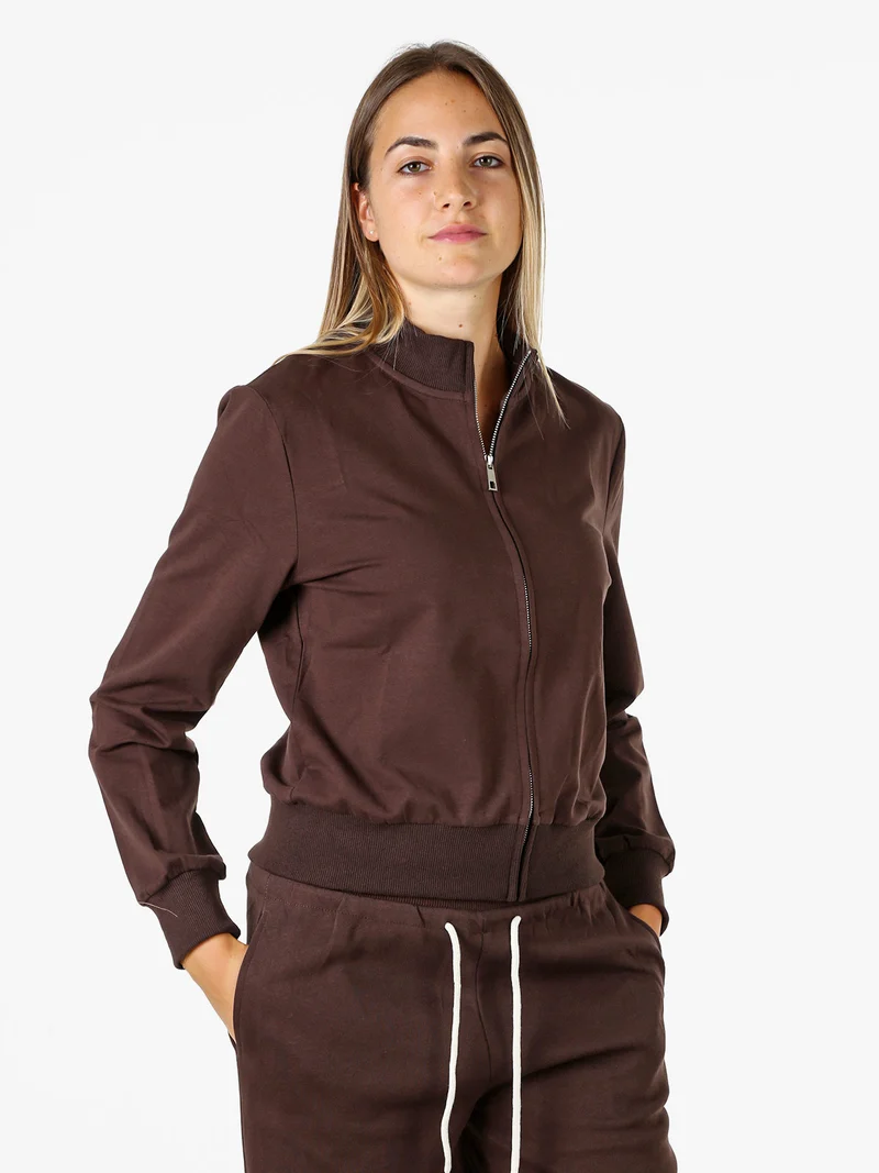 Felpa donna in cotone con zip - moro