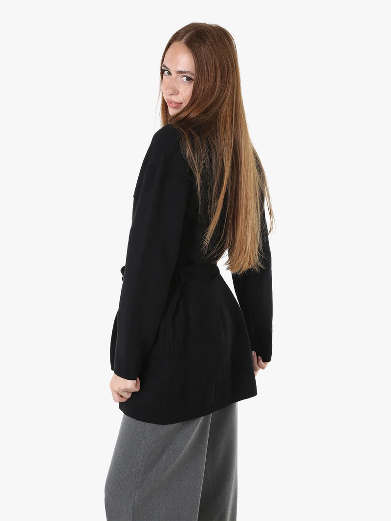 Cardigan donna in maglia con cintura e dettagli in ecopelliccia - nero