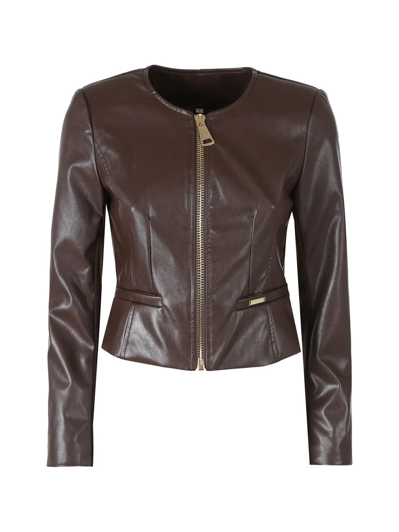 Giacca corta da donna in ecopelle con zip - moro
