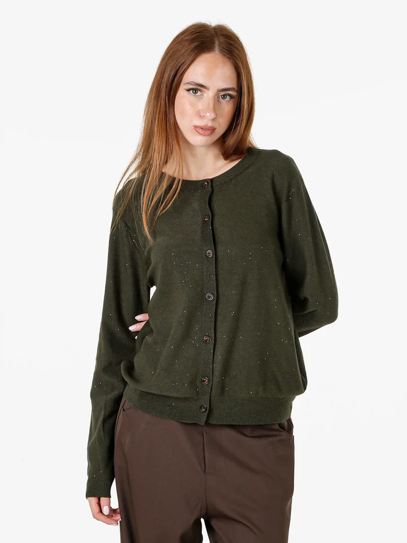 Cardigan donna in maglia con bottoni e mini paillettes - militare