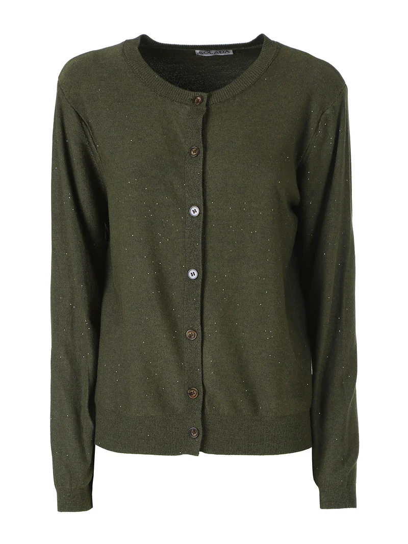 Cardigan donna in maglia con bottoni e mini paillettes - militare