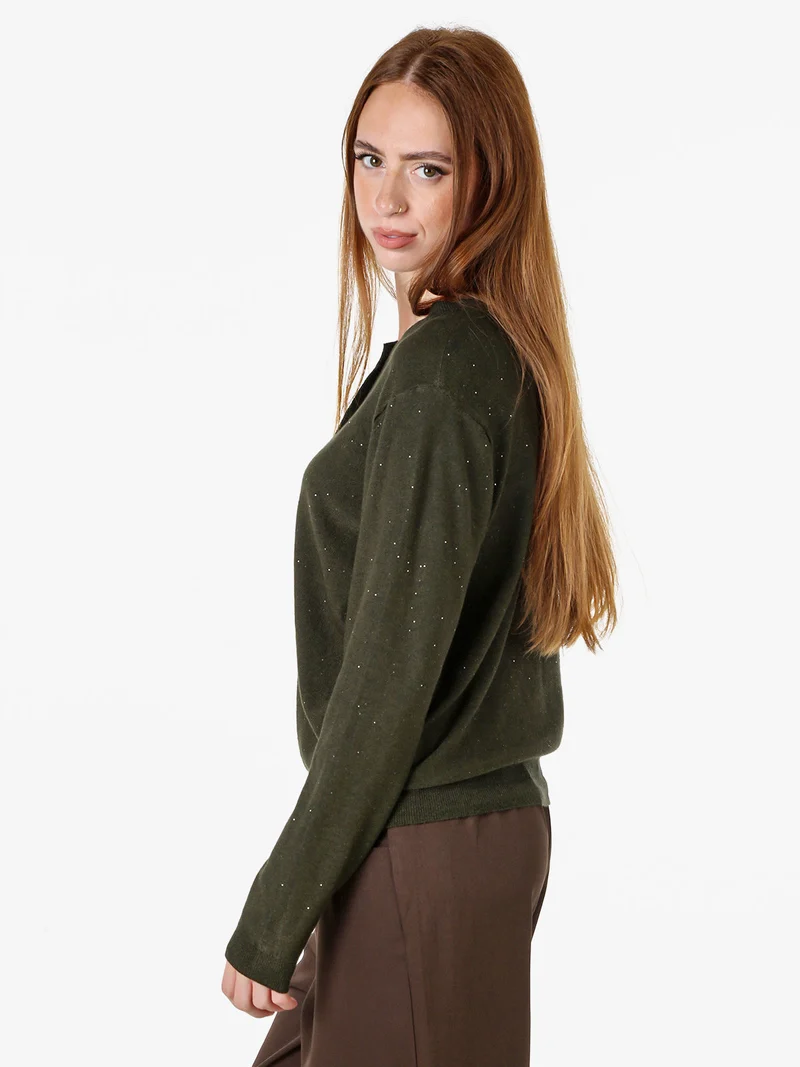 Cardigan donna in maglia con bottoni e mini paillettes - militare