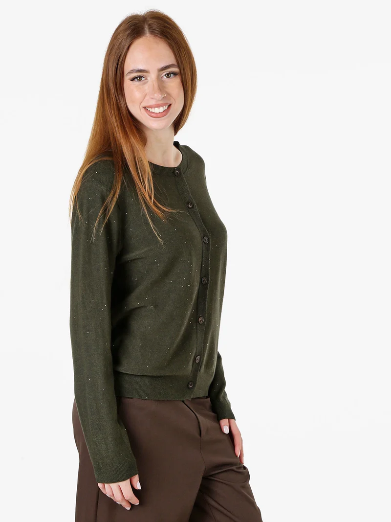 Cardigan donna in maglia con bottoni e mini paillettes - militare