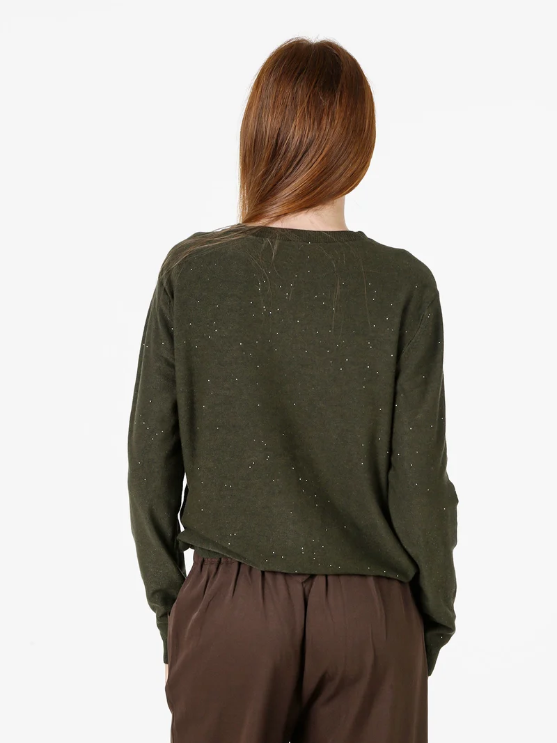 Cardigan donna in maglia con bottoni e mini paillettes - militare
