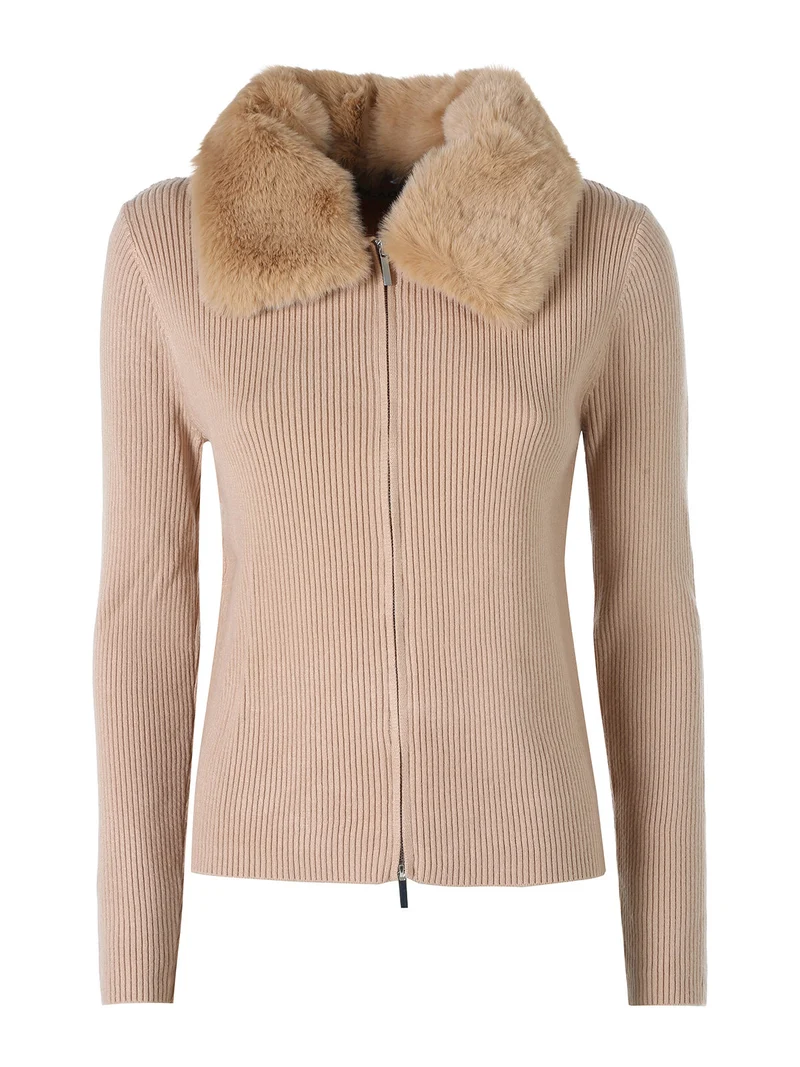 Cardigan da donna in maglia con colletto in ecopelliccia e zip - cammello