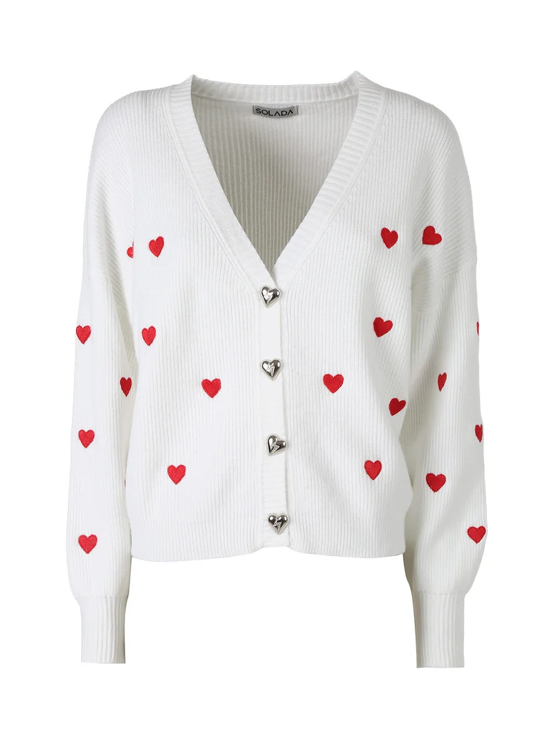Cardigan da donna in maglia con bottoni a cuore - bianco