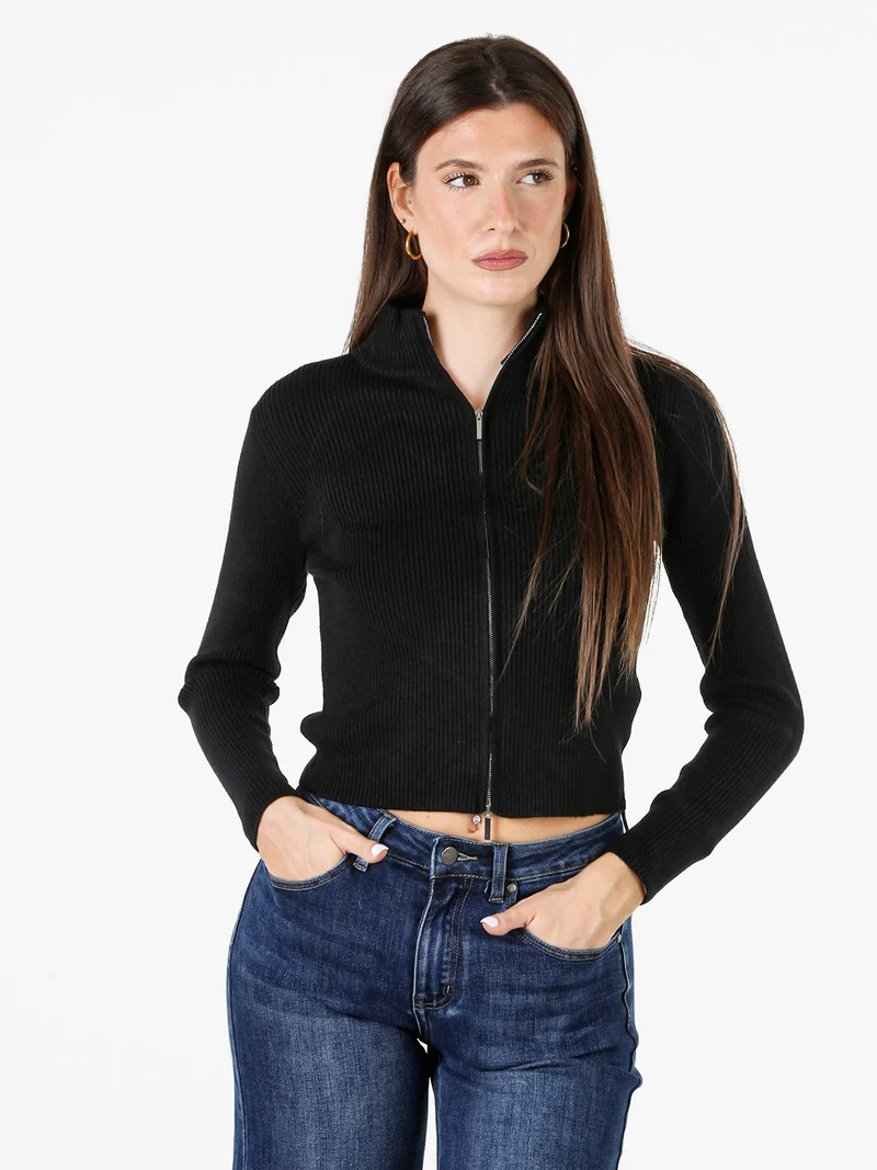 Cardigan donna in maglia a coste con zip - nero