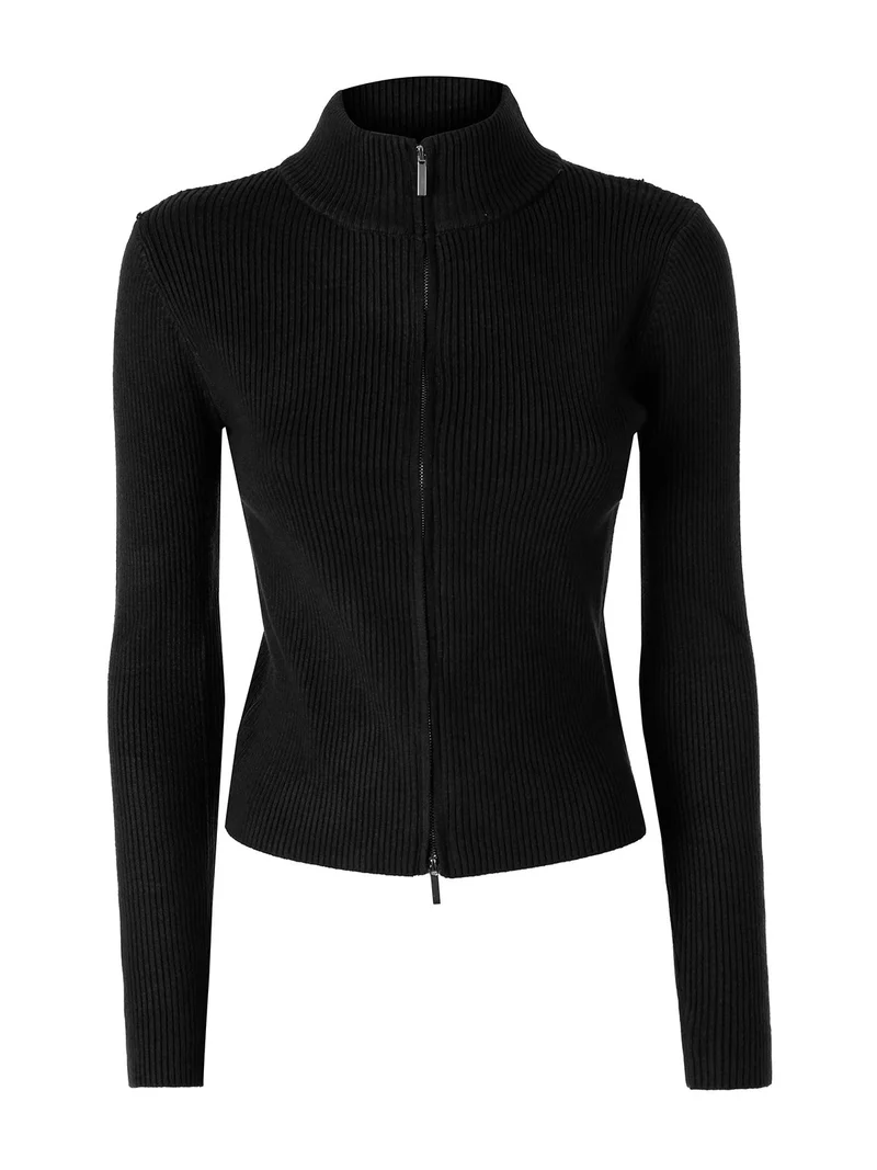Cardigan donna in maglia a coste con zip - nero