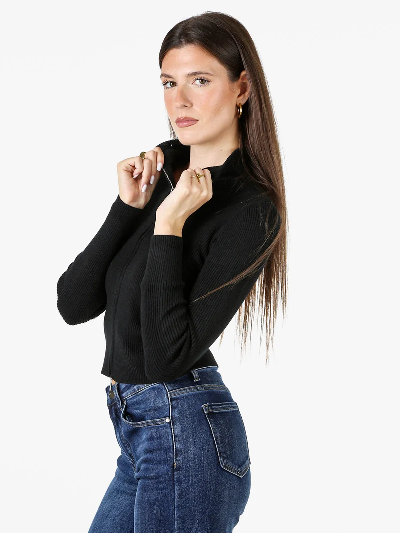 Cardigan donna in maglia a coste con zip - nero