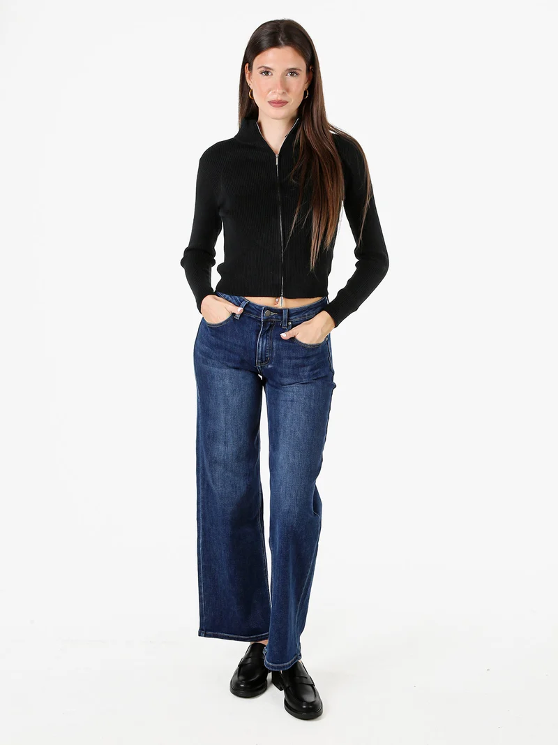 Cardigan donna in maglia a coste con zip - nero
