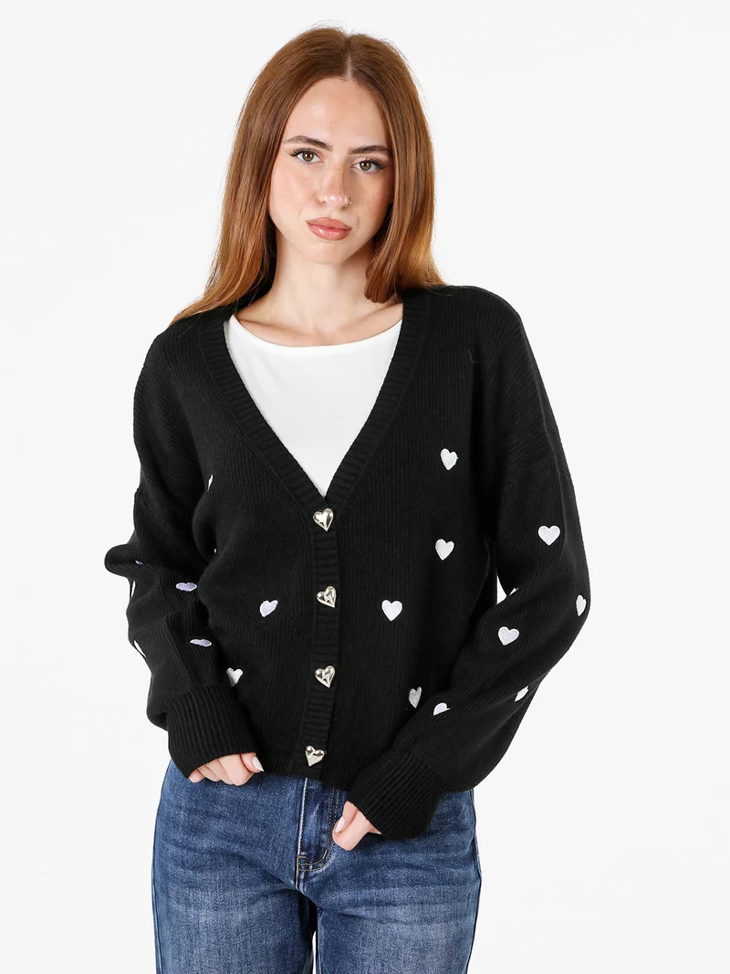 Cardigan da donna in maglia con bottoni a cuore - nero