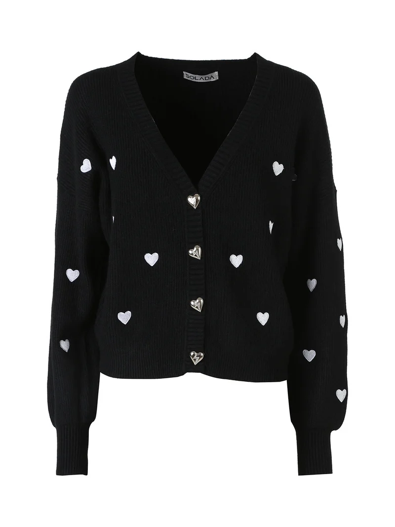 Cardigan da donna in maglia con bottoni a cuore - nero