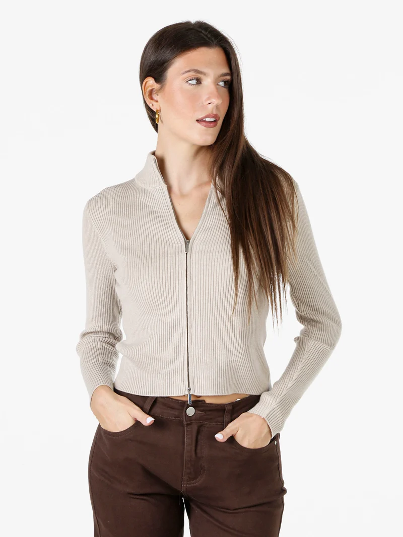 Cardigan donna in maglia a coste con zip - beige