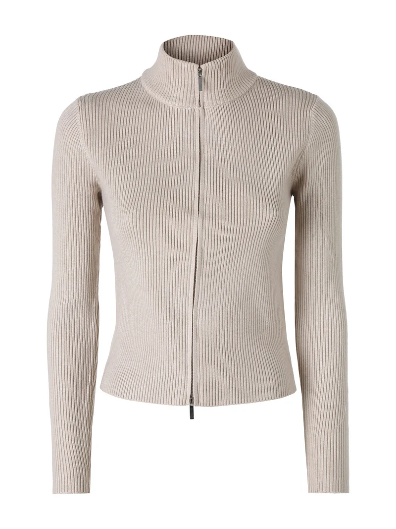 Cardigan donna in maglia a coste con zip - beige
