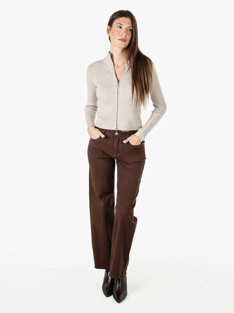 Cardigan donna in maglia a coste con zip - beige