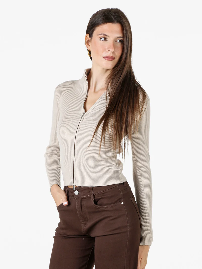 Cardigan donna in maglia a coste con zip - beige