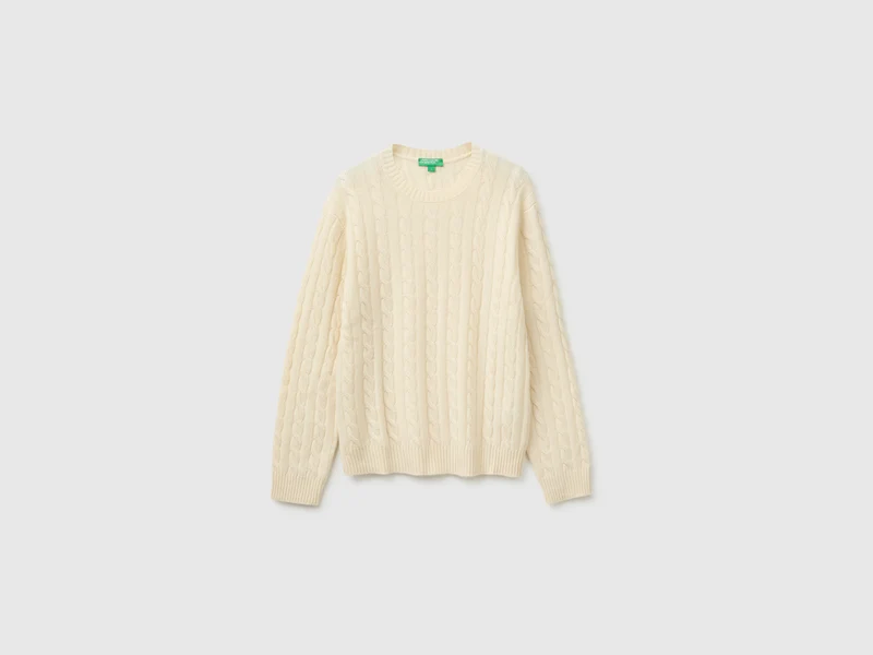Rundhals-Pullover mit Zopfmuster aus Wolle-Mischgewebe