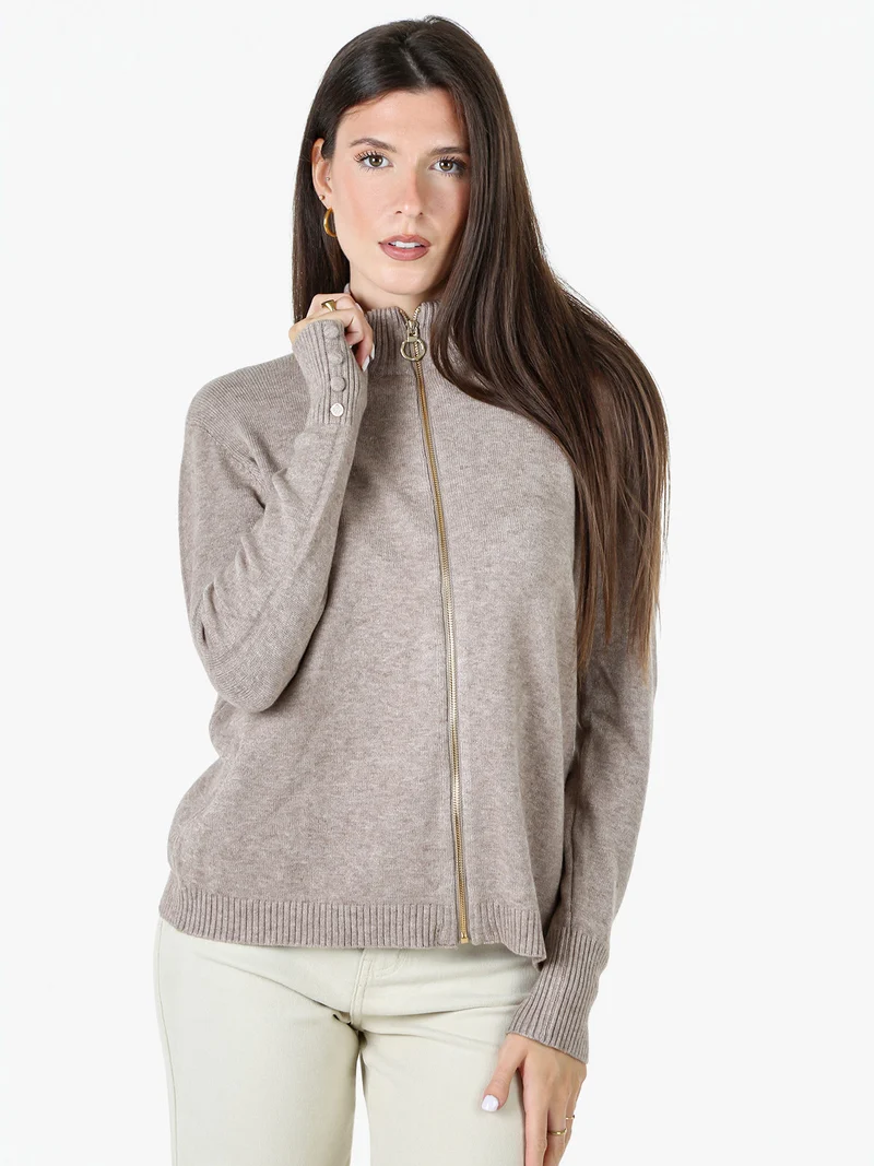 Cardigan donna in maglia con zip - sabbia