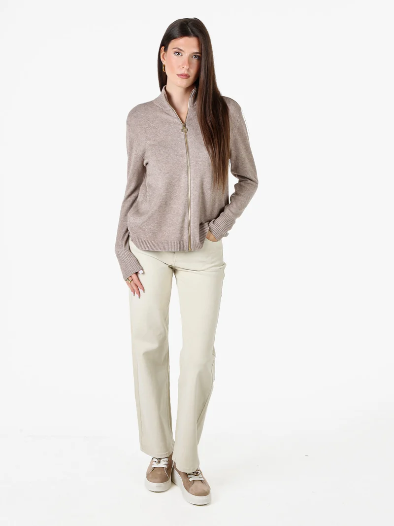 Cardigan donna in maglia con zip - sabbia