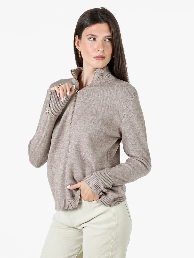Cardigan donna in maglia con zip - sabbia