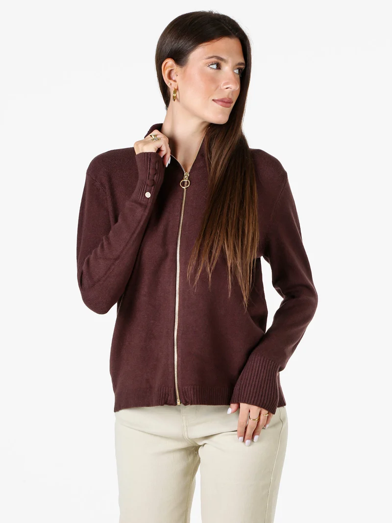 Cardigan donna in maglia con zip - moro