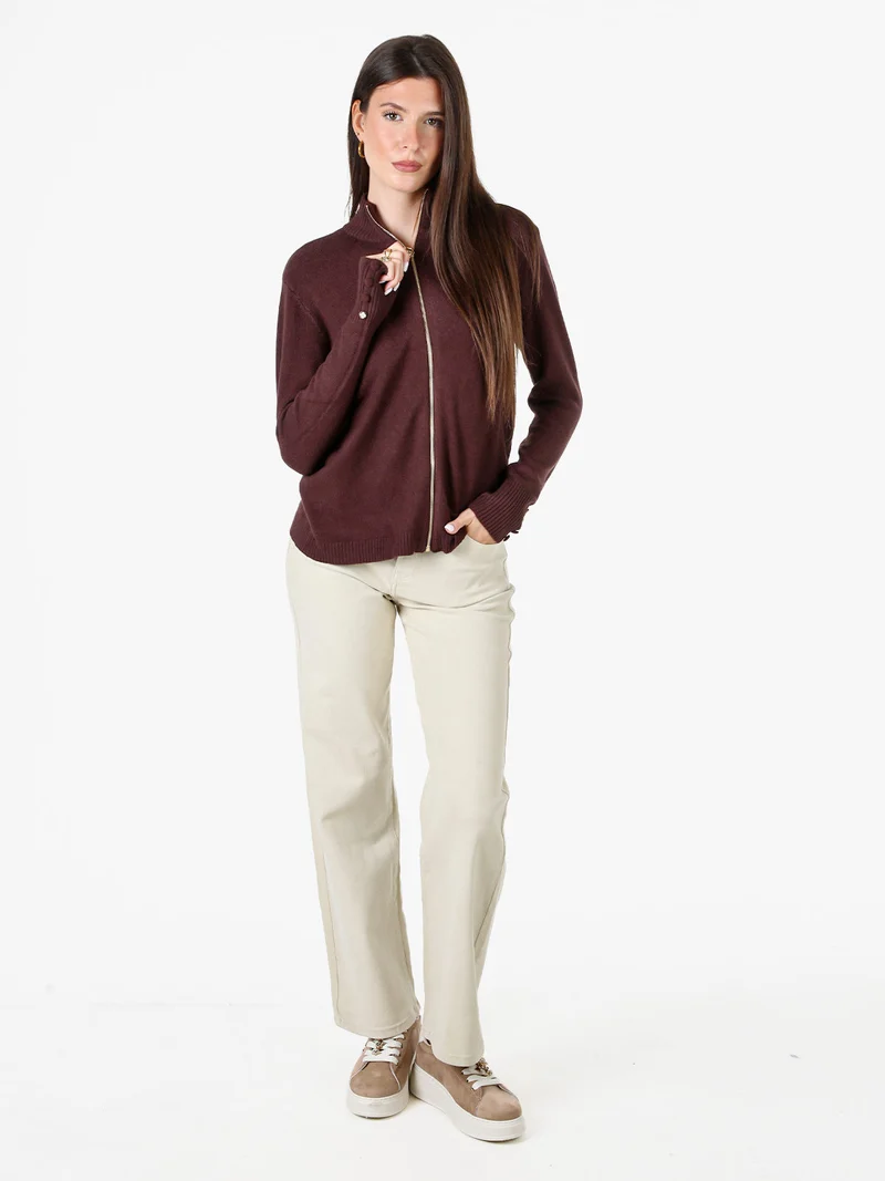 Cardigan donna in maglia con zip - moro