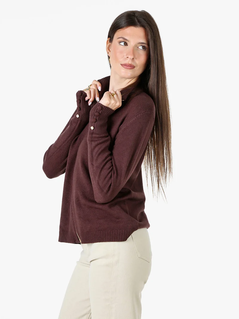 Cardigan donna in maglia con zip - moro