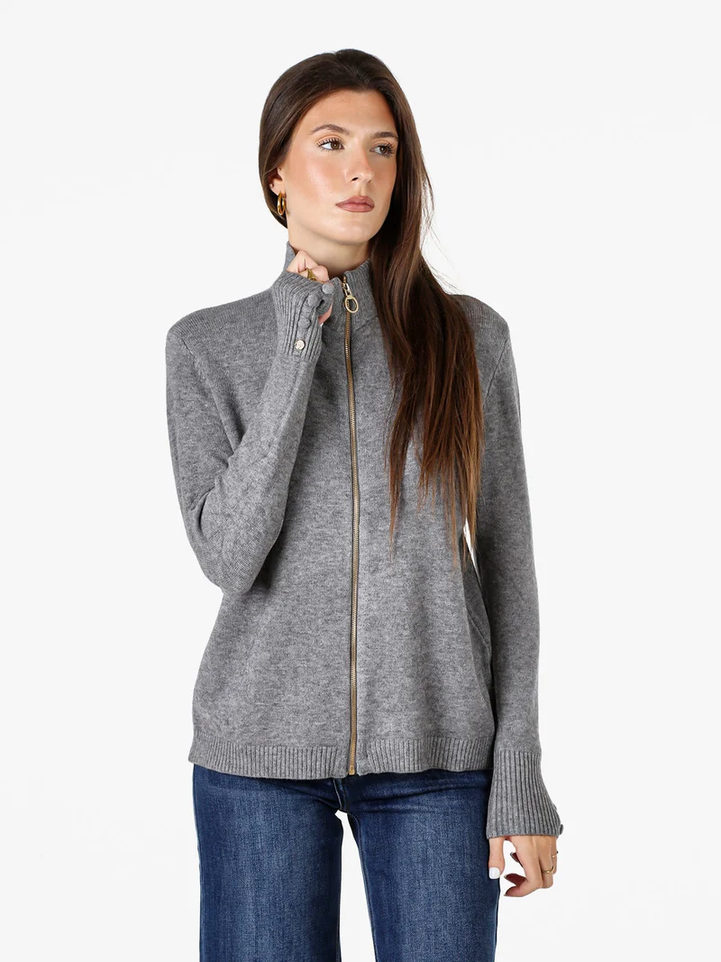 Cardigan donna in maglia con zip - grigio