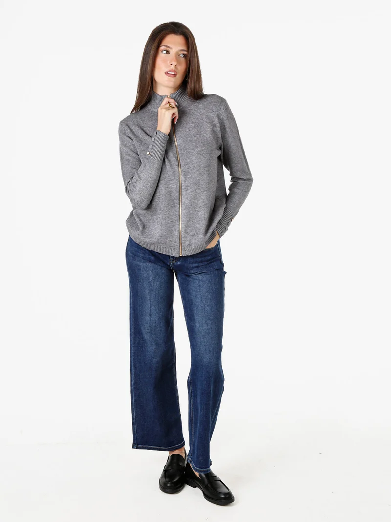 Cardigan donna in maglia con zip - grigio