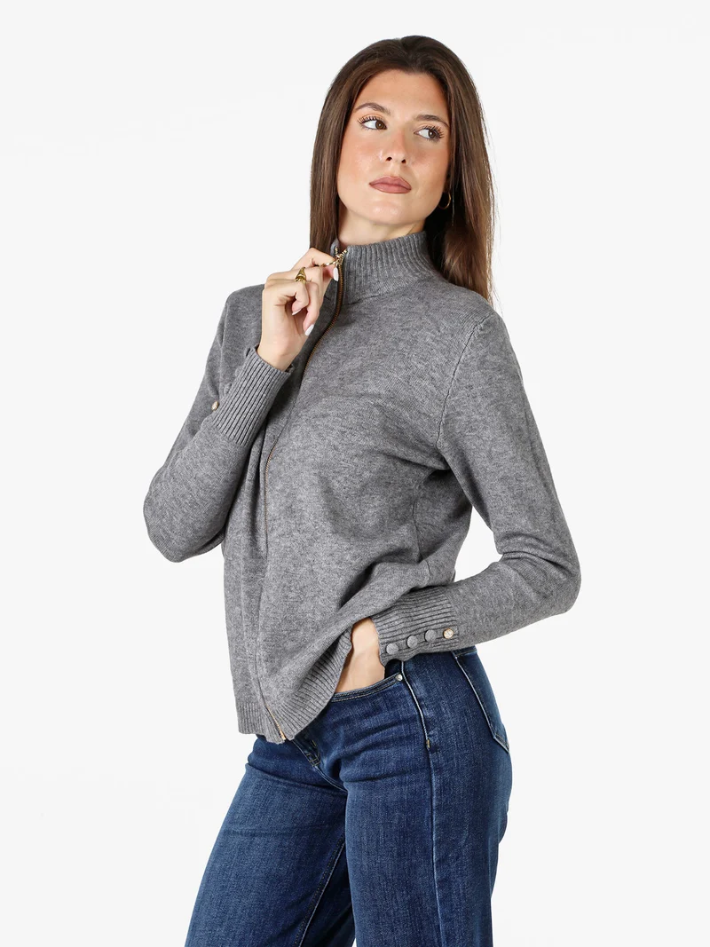 Cardigan donna in maglia con zip - grigio