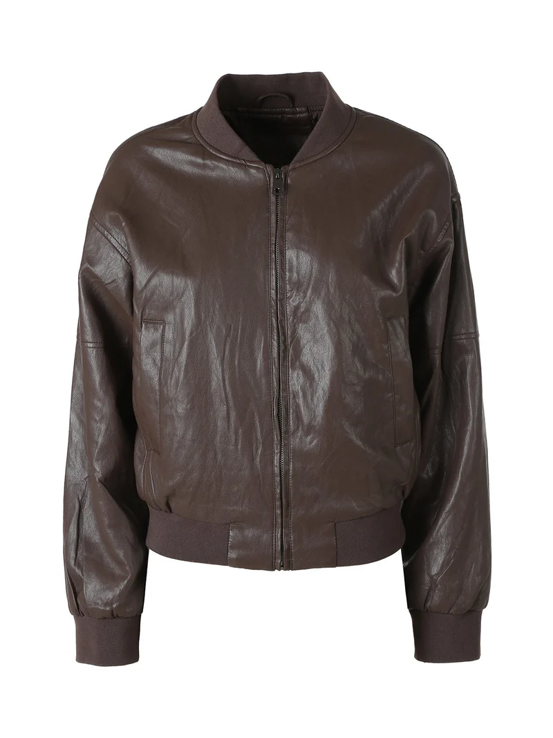 Giacca ecopelle da donna con zip - marrone