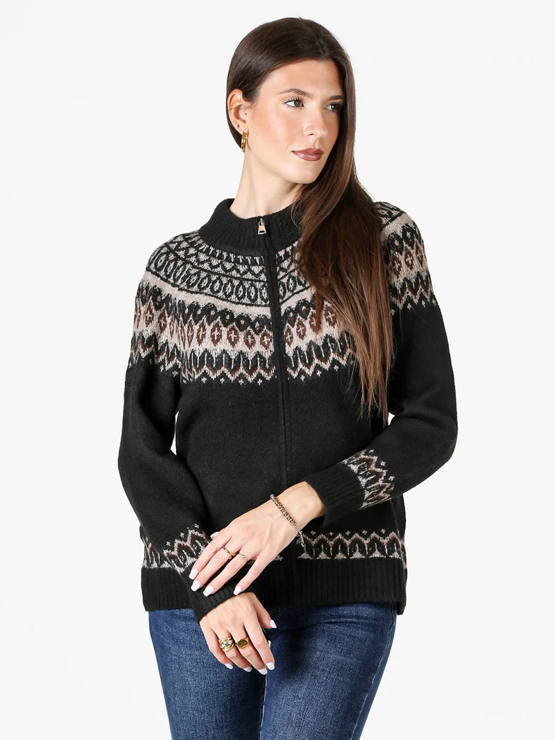 Cardigan donna in maglia con zip - nero