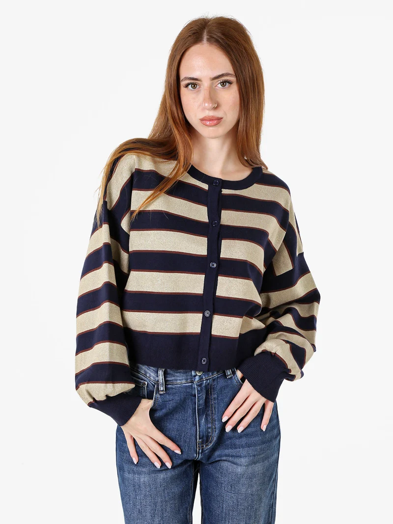 Cardigan da donna a righe con bottoni e lurex - blu scuro
